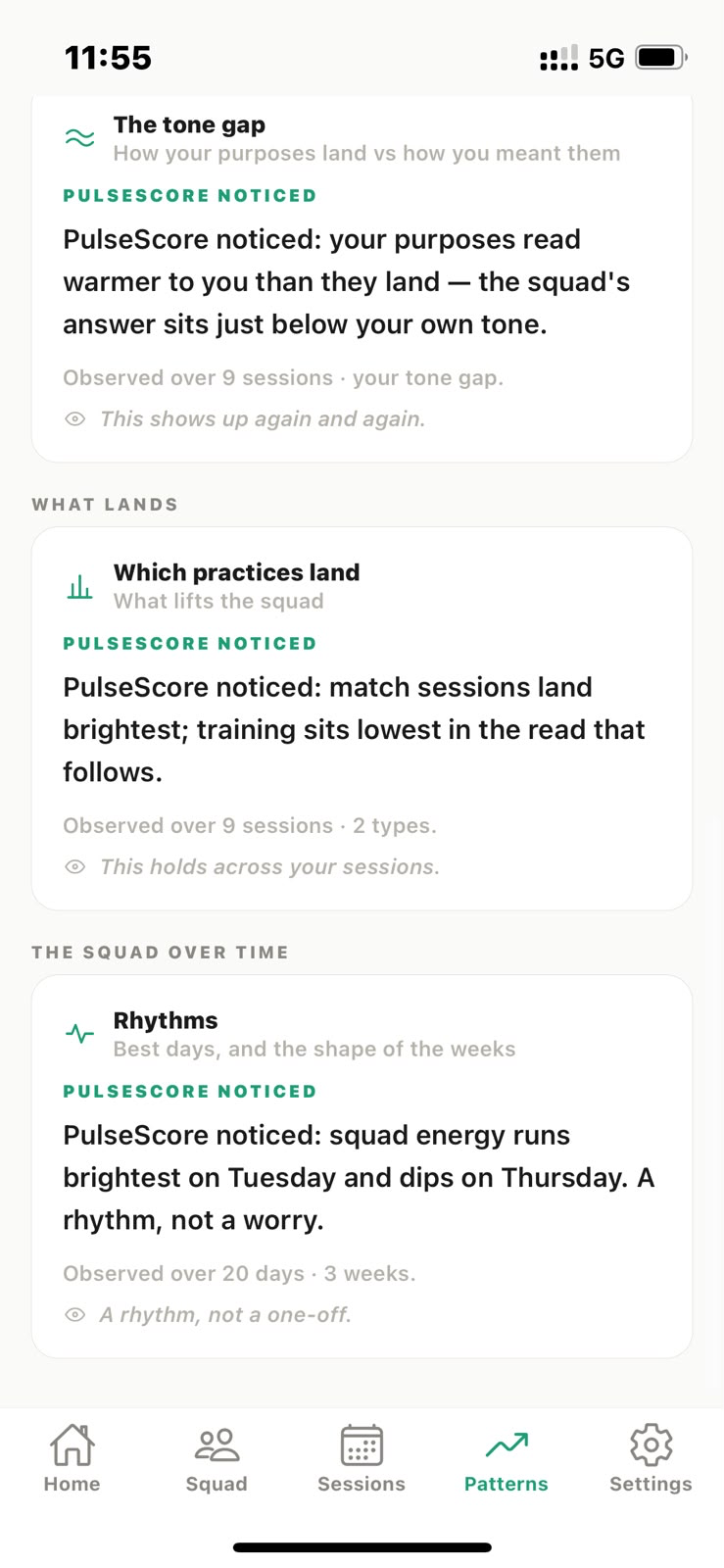 PulseScore Patterns feed: the tone gap, which practices land, and the weekly rhythms