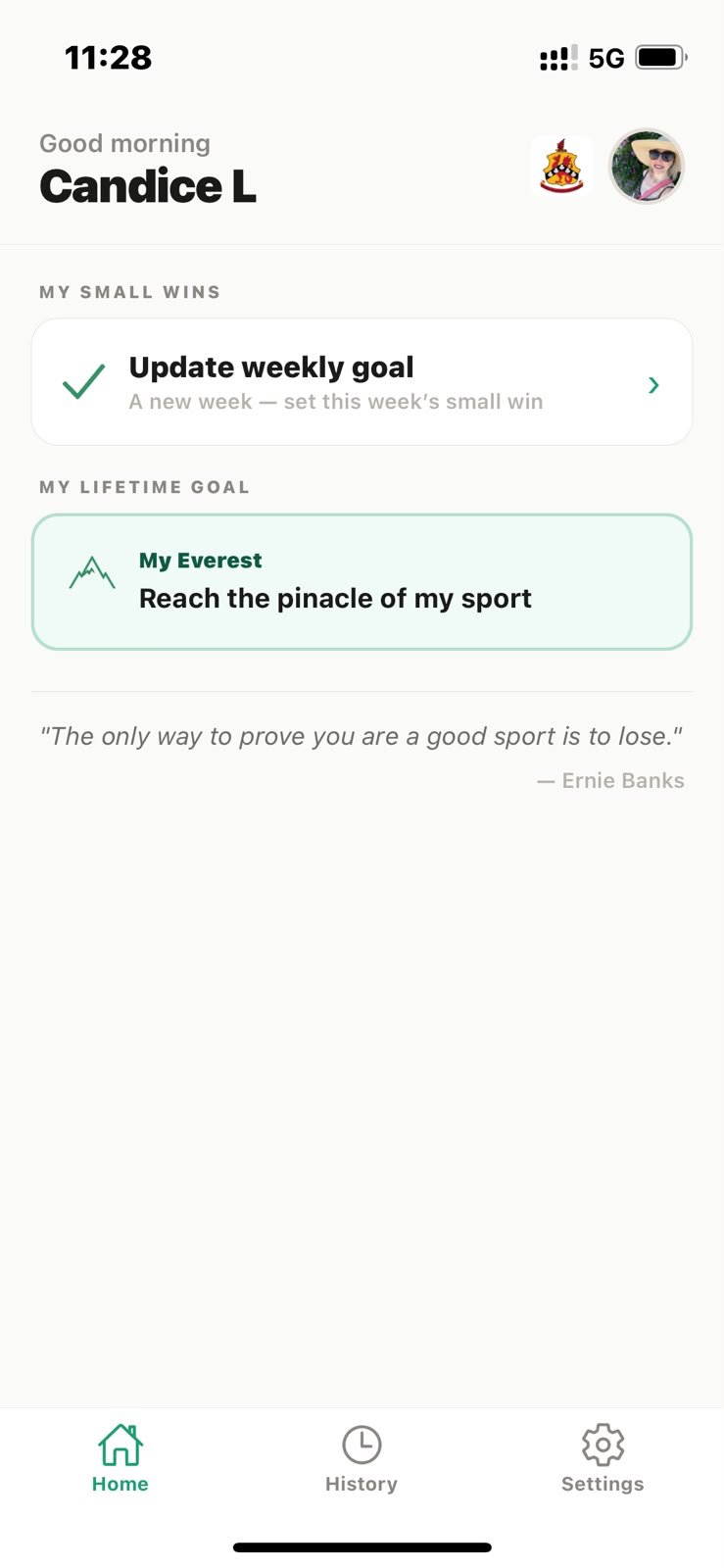 PulseScore player dashboard: weekly small win and lifetime goal